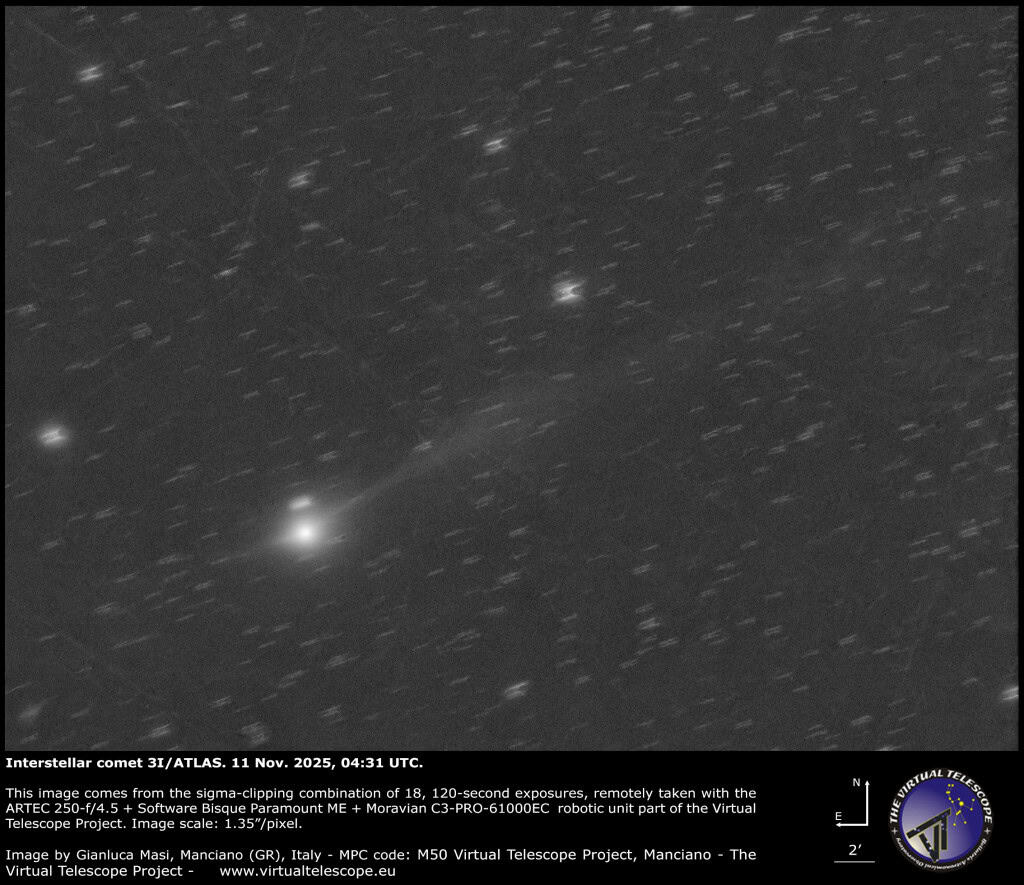 Nova imagem mostra que cauda iônica do cometa 3I/ATLAS não para de crescer Uma nova imagem do cometa 3I/ATLAS revela que a cauda iônica do visitante interestelar cresceu de forma notável e se tornou mais estruturada, o que sugere que ele se torna mais ativo enquanto percorre o interior do Sistema Solar. Nova imagem mostra que cauda iônica do cometa 3I/ATLAS não para de crescer