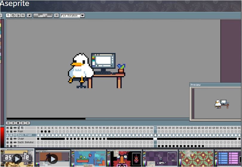 Na tela, uma arte em pixel mostra um pato branco em pé ao lado de uma mesa com computador e planta, tudo em estilo retrô e colorido, com uma linha do tempo abaixo exibindo camadas e quadros de animação.