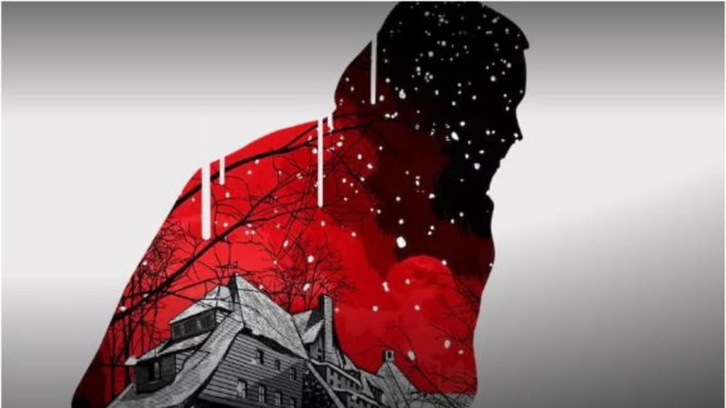 Uma silhueta humana em pé contém uma cena intensa dentro de si. O fundo é vermelho e preto, com pontos brancos que lembram neve. Na parte inferior, há um prédio antigo cercado por galhos secos. Linhas brancas escorrem do topo, criando um efeito surreal. A imagem transmite isolamento, mistério e tensão psicológica.