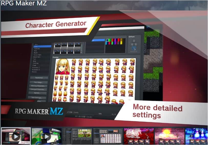 Interface mostra um personagem estilo RPG sendo personalizado com cabelo, rosto e roupas, enquanto à direita há controles de cor e ajustes finos; abaixo, sprites do personagem em diferentes poses.