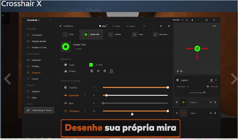 Interface escura mostra ferramentas para desenhar uma mira personalizada com ponto central verde e linhas vermelhas ao redor; à esquerda há abas de edição e à direita uma prévia da mira.