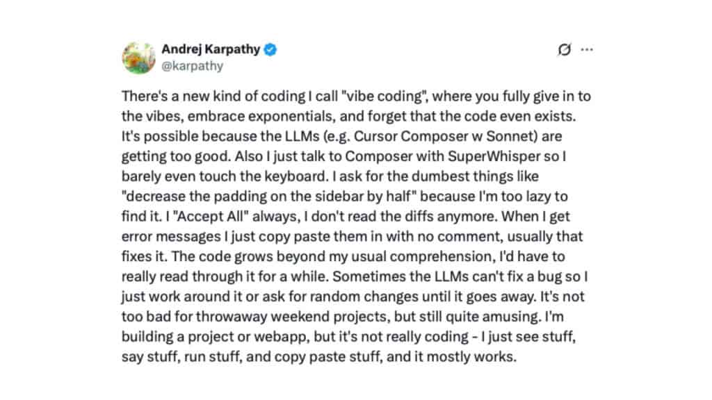 ‘Vibe coding’ é a palavra de 2025 para o dicionário Collins O dicionário britânico Collins escolheu “vibe coding” como a palavra do ano de 2025 nesta quinta-feira (06). O termo, que nasceu nas redes sociais e rapidamente ganhou o mundo da tecnologia, descreve um novo estilo de programação com ajuda de inteligência artificial (IA), no qual o desenvolvedor “segue a vibe”, deixando que a IA escreva o código quase sozinha. Captura de tela de primeira postagem no X sobre vibe coding