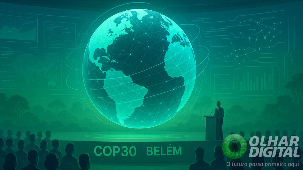 Ilustração de holograma do planeta Terra em apresentação na COP30 em Belém