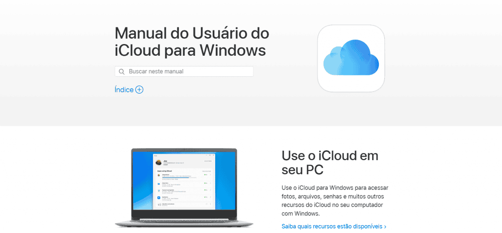 tela suporte iCloud para Windows