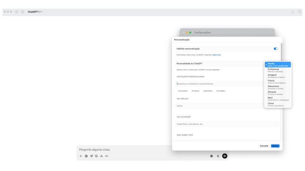 Captura de tela mostrando seletor de personalidades do GPT 5.1 no ChatGPT no Mac