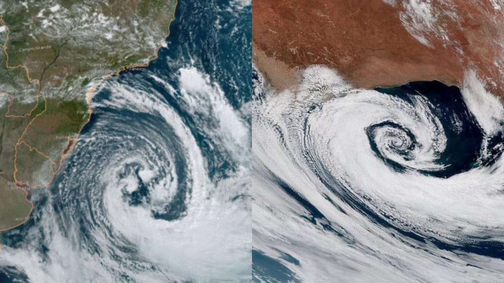 Montagem com duas imagens capturadas via satélite de ciclones extratropicais
