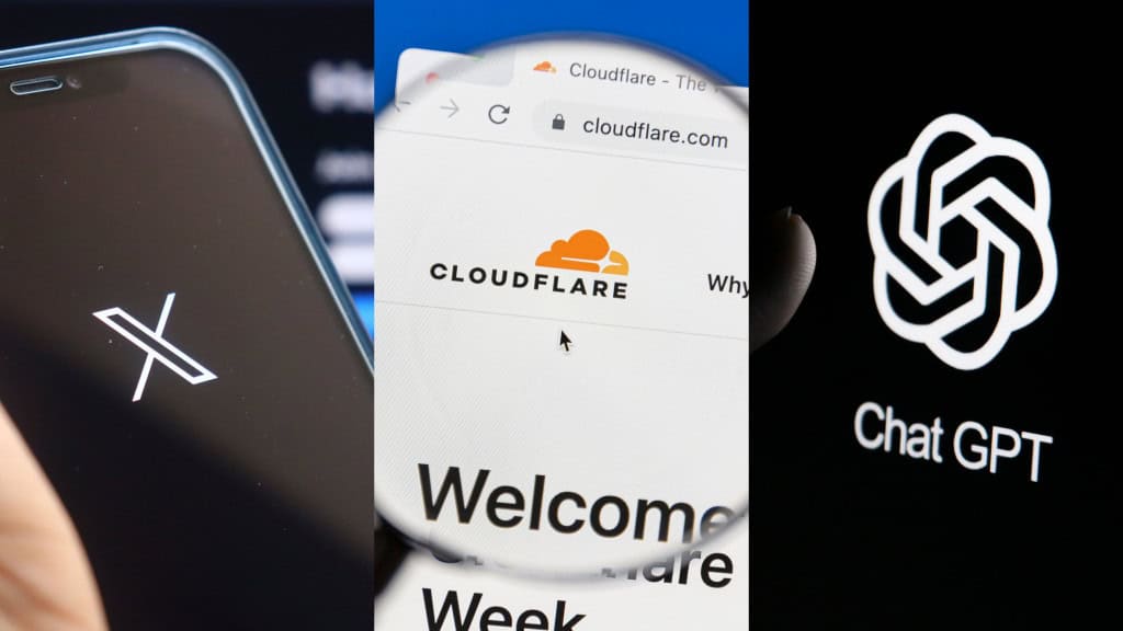 Montagem com fotos do X, da Cloudflare e do ChatGPT