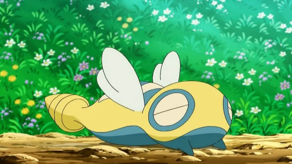 Pokémon Dunsparce apoiado em um tronco horizontal, em frente a um campo florido