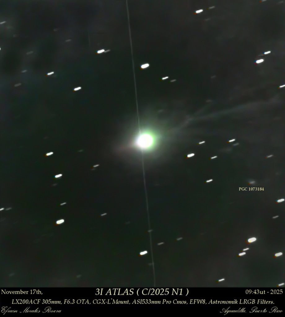 Nova imagem mostra o cometa 3I/ATLAS em plena atividade Uma imagem registrada segunda-feira (17) pelo astrofotógrafo Efrain Morales, em Aguadilla, Porto Rico, traz novos detalhes da atividade do cometa 3I/ATLAS, quase três semanas depois que o objeto atingiu o periélio (ponto de aproximação máxima com o Sol), em 29 de outubro. Nova imagem mostra o cometa 3I/ATLAS em plena atividade