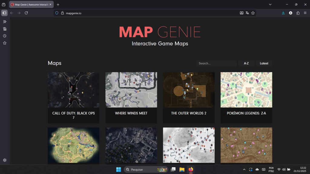 Captura de Tela da página inicial do site Map Genie, exibindo lista de mapas de jogos