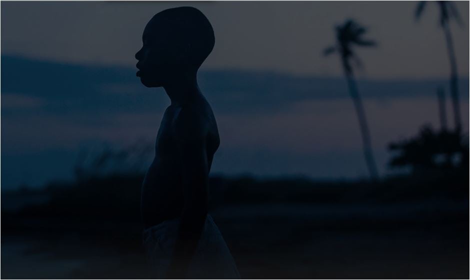 Silhueta de menino negro em meio a um tom escuro de imagem, no fundo paisagem de praia.