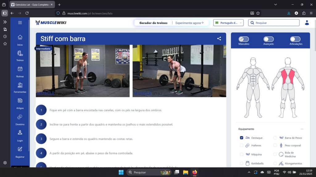 Captura de Tela do site MuscleWiki mostrando exercícios para as costas
