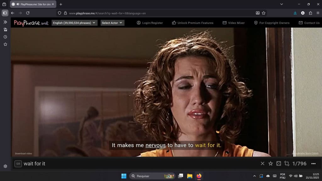 Captura de Tela do site PlayPhrase, com pesquisa "wait for it" e cena do filme "A Nova Cinderela"