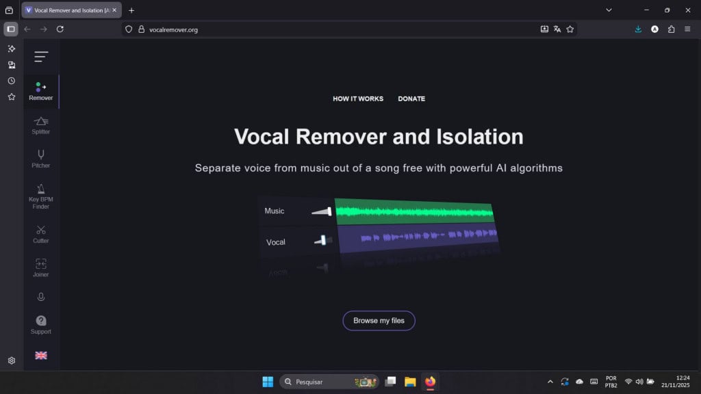 Captura de tela da página inicial do website Vocal Remover 