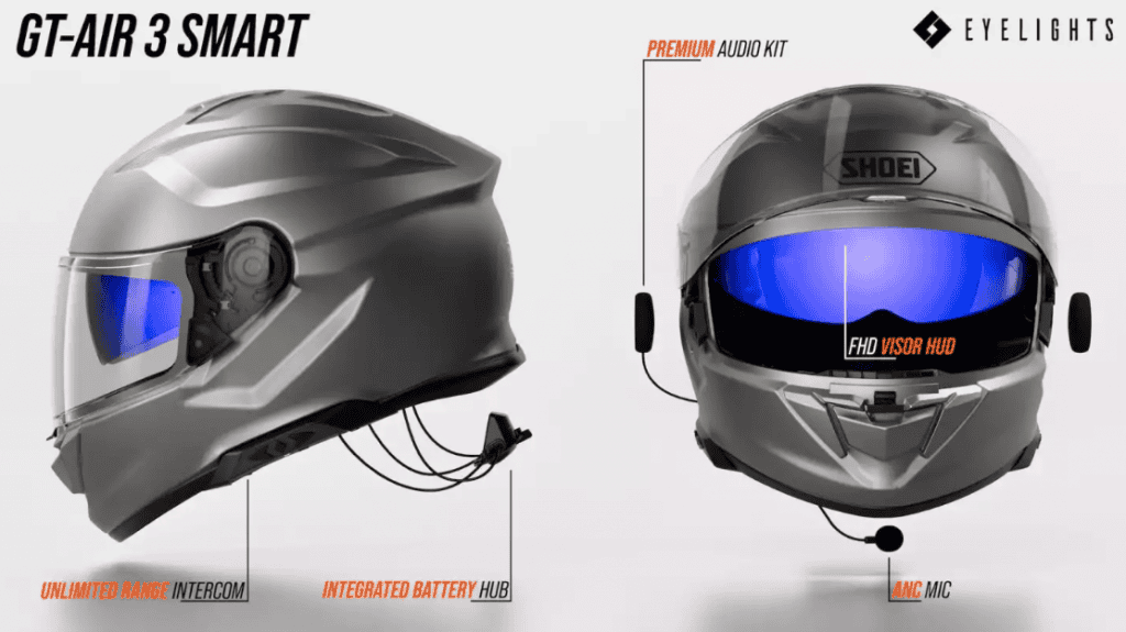 Novo capacete tem realidade aumentada totalmente integrada A Shoei anunciou o GT-Air 3 Smart, o primeiro capacete do mundo com realidade aumentada totalmente integrada, resultado de uma parceria com a empresa francesa EyeLights. A novidade marca um avanço importante no mercado de acessórios para motociclistas, que vem recebendo diversos recursos inteligentes nos últimos anos, como tecnologias de eliminação de ponto cego, purificação do ar e sistemas de comunicação embutidos. Todo o conjunto tecnológico – bateria, projetor, microfone, alto-falantes e fiação – fica totalmente integrado à carcaça do capacete