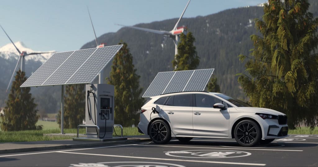 Veículo elétrico branco sendo recarregado em estação solar com turbinas eólicas ao fundo, representando a transição energética e o uso de fontes renováveis integradas