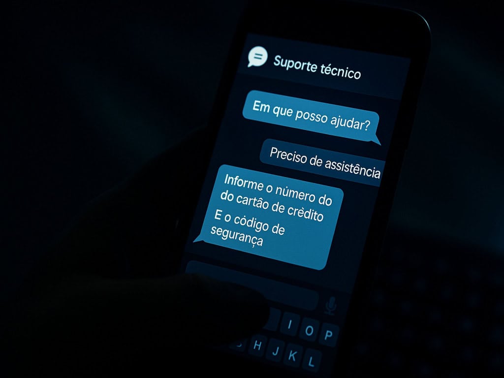 5 dicas para não cair em golpes com IA na Black Friday A proximidade da Black Friday traz não só ofertas tentadoras, mas também uma ameaça cada vez mais sofisticada, o golpe com IA na Black Friday. Tela de smartphone mostrando conversa com chatbot de suporte técnico em português, com mensagens suspeitas pedindo “número do cartão de crédito” e “código de segurança”, representando golpe com IA