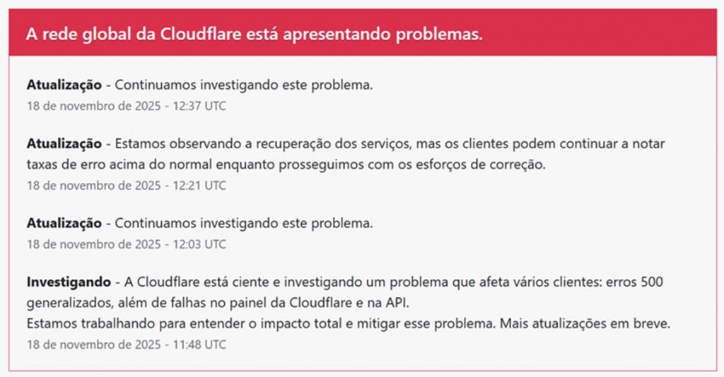 Falha na Cloudflare: partes da internet estão fora do ar nesta terça-feira Um problema técnico na Cloudflare deixou partes da internet fora do ar na manhã desta terça-feira (18). A empresa fornece serviços de segurança e conectividade para sites e aplicativos. Falha na Cloudflare: partes da internet estão fora do ar nesta terça-feira