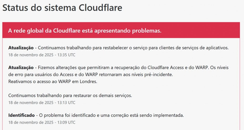 O que é Cloudflare, que derrubou parte da internet nesta terça? Um problema técnico na Cloudflare deixou partes da internet fora do ar na manhã desta terça-feira (18). Sites como ChatGPT, X (antigo Twitter), Canva e até o Olhar Digital apresentaram instabilidades que impediram o acesso dos usuários. O que é Cloudflare, que derrubou parte da internet nesta terça?