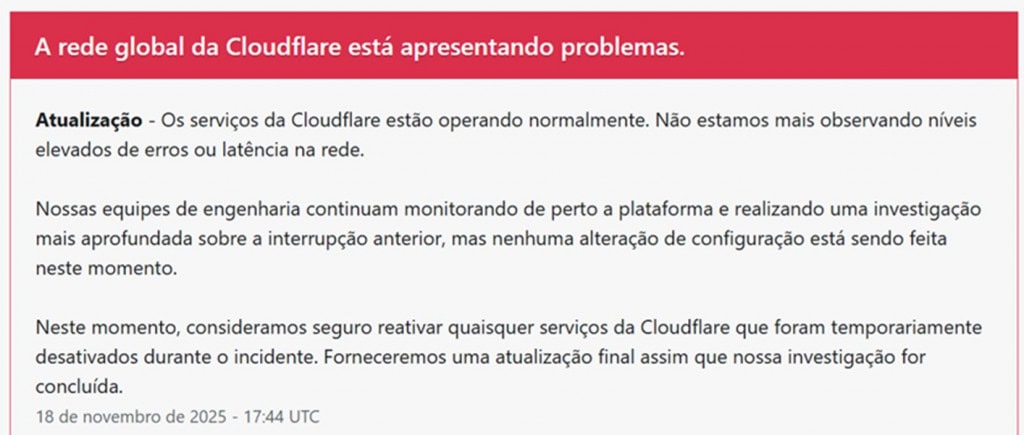 Cloudflare volta ao normal; empresa explicou o motivo da falha que derrubou internet