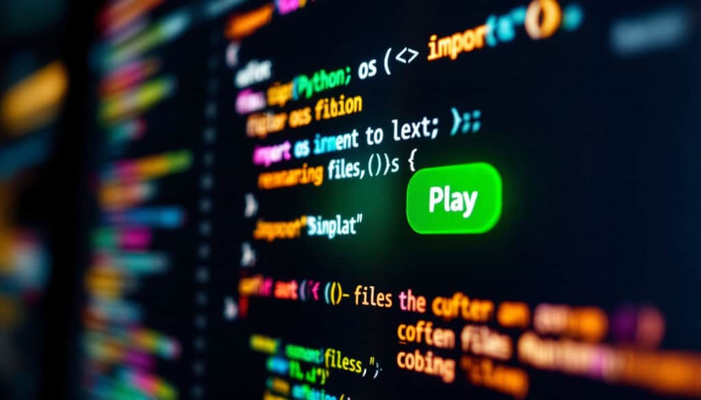 Close-up fotorrealista de um monitor de computador exibindo um editor de código com tema escuro. Linhas de código Python coloridas (syntax highlighting) mostram um script de automação. Um botão verde de "Play" se destaca na barra de ferramentas superior, simbolizando a facilidade de executar a tarefa criada pela IA