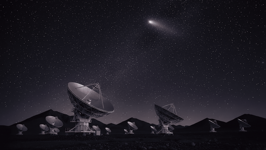 Representação artística de radiotelescópios detectando sinais do 3I/ATLAS