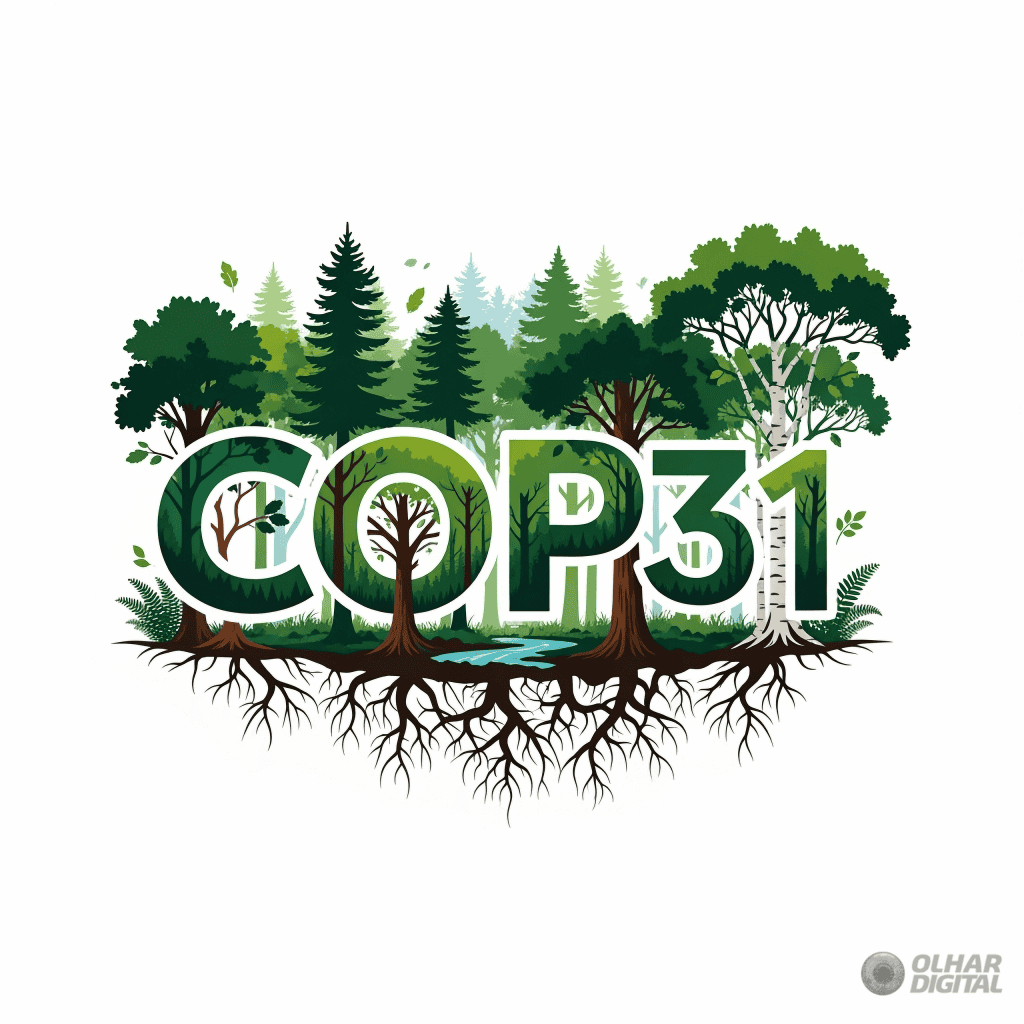 Imagem gerada por IA com os dizeres "COP31" com árvores no fundo