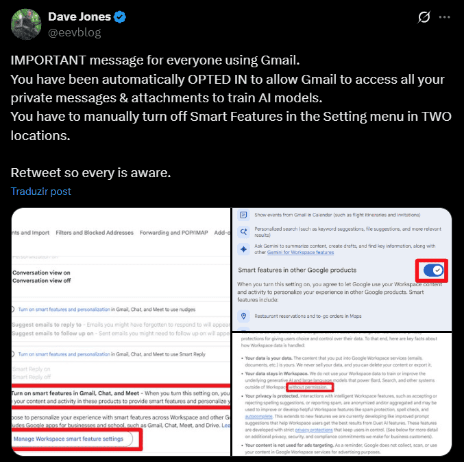 Google nega rumores de usar e-mails dos usuários para treinar IA do Gemini Após uma série de postagens online, o Google veio a público para desmentir o rumor de que utiliza as mensagens de e-mail de seus usuários para treinar sistemas de inteligência artificial. O pronunciamento ocorre após vários usuários publicarem nas redes sociais que o Gmail coleta dados do correio eletrônico para aprimorar a IA da empresa. Google nega rumores de usar e-mails dos usuários para treinar IA do Gemini