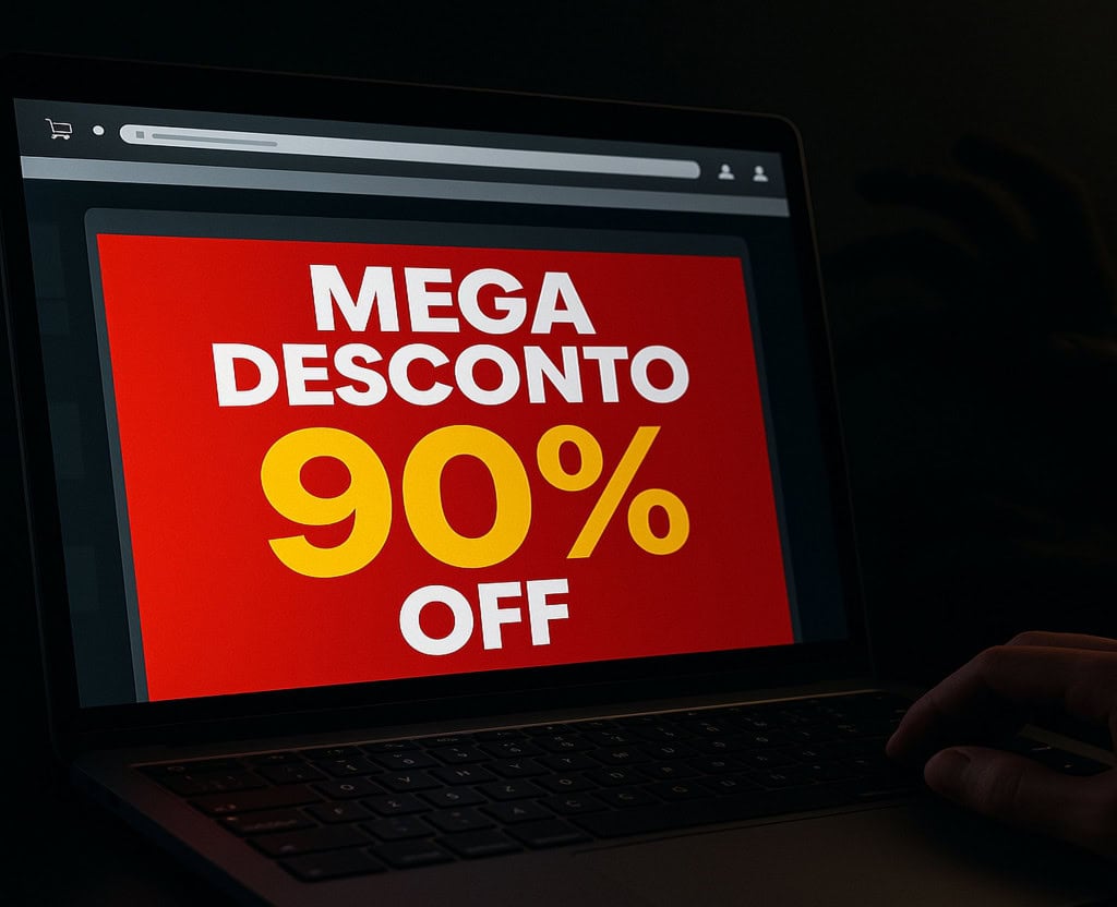 5 dicas para não cair em golpes com IA na Black Friday A proximidade da Black Friday traz não só ofertas tentadoras, mas também uma ameaça cada vez mais sofisticada, o golpe com IA na Black Friday. Promoção online com desconto falso, representando armadilhas virtuais durante a Black Friday