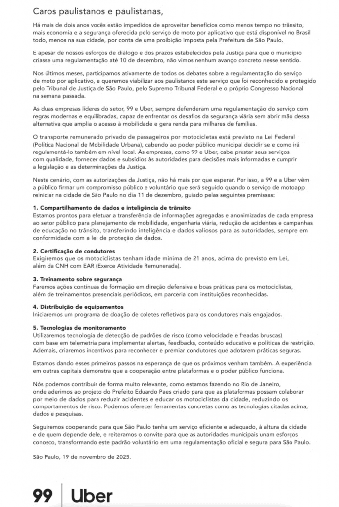 Documento que descreve os compromissos de 99 e Uber com os paulistanos e com a prefeitura