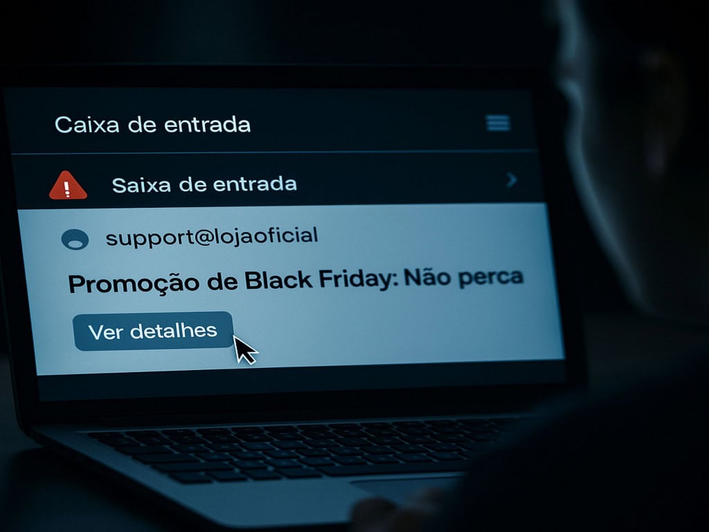 5 dicas para não cair em golpes com IA na Black Friday A proximidade da Black Friday traz não só ofertas tentadoras, mas também uma ameaça cada vez mais sofisticada, o golpe com IA na Black Friday. Pessoa observando notebook com e-mail suspeito de remetente “support@lojaoficial”, com o assunto “Promoção de Black Friday: Não perca” e botão “Ver detalhes”, representando tentativa de golpe digital