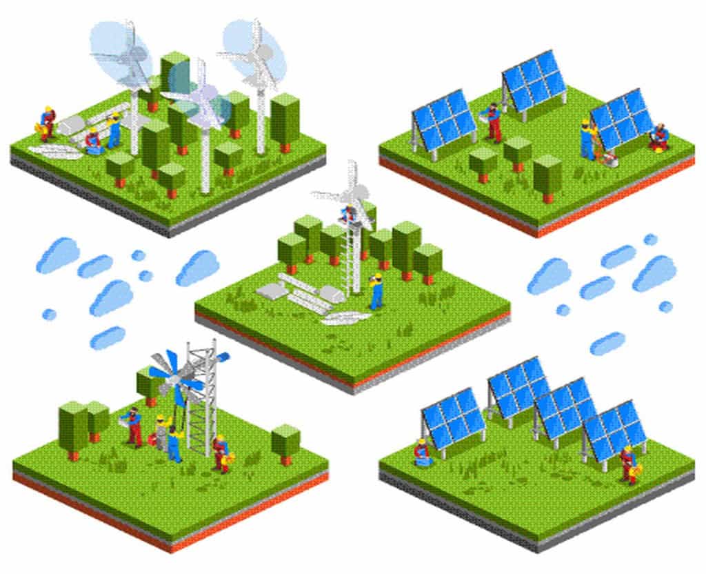 Ilustração de técnicos e engenheiros instalando painéis solares e turbinas eólicas, representando os pré-requisitos para adoção de energia renovável