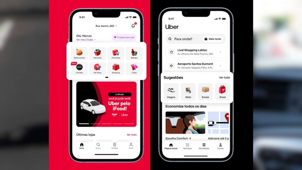 A nova aliança: iFood e Uber se unem em meio à ‘guerra do delivery’ iFood e Uber começaram a integrar seus aplicativos no Brasil nesta segunda-feira (17). Usuários do iFood passam a ver uma aba para pedir corridas da Uber dentro do próprio aplicativo, enquanto, nas próximas semanas, o aplicativo da Uber começará a exibir entregas feitas pelo iFood (de refeições a compras de mercado). Montagens mostrando integração entre iFood e Uber em seus respectivos aplicativos