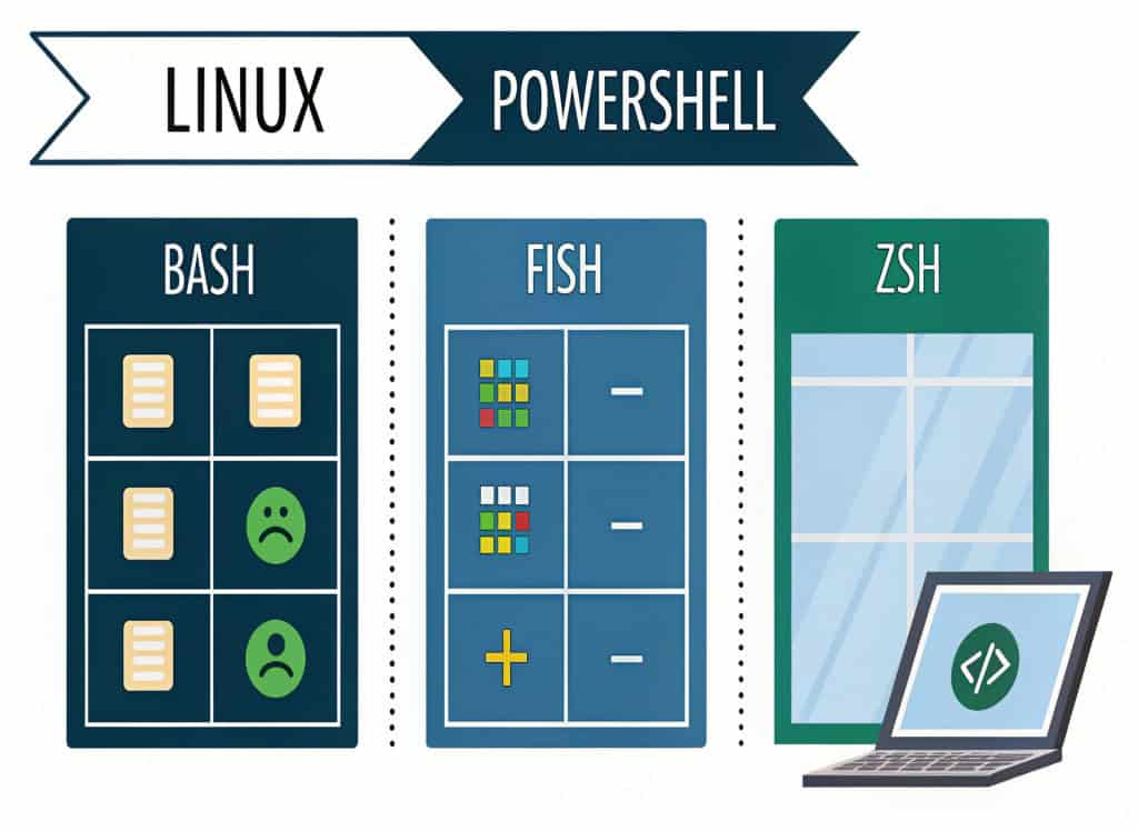 Ilustração mostrando comparação visual entre terminais Linux (Bash, Fish, Zsh) e Windows PowerShell. À esquerda, ícones verdes mostrando autocomplete inteligente com sugestões coloridas, histórico de comandos expansível, aliases customizados e ecossistema de plugins. À direita, PowerShell com recursos limitados e ícones vermelhos indicando falta de features