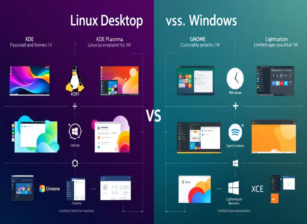 Ilustração mostra comparação visual entre ambientes de desktop Linux personalizáveis e interface do Windows. À esquerda, múltiplos desktops Linux (KDE Plasma, GNOME, Cinnamon, XFCE) com cores vibrantes, widgets customizados, painéis variados, ícones únicos e animações sofisticadas. À direita, Windows com interface padrão em tons cinzentos e limitadas opções de customização