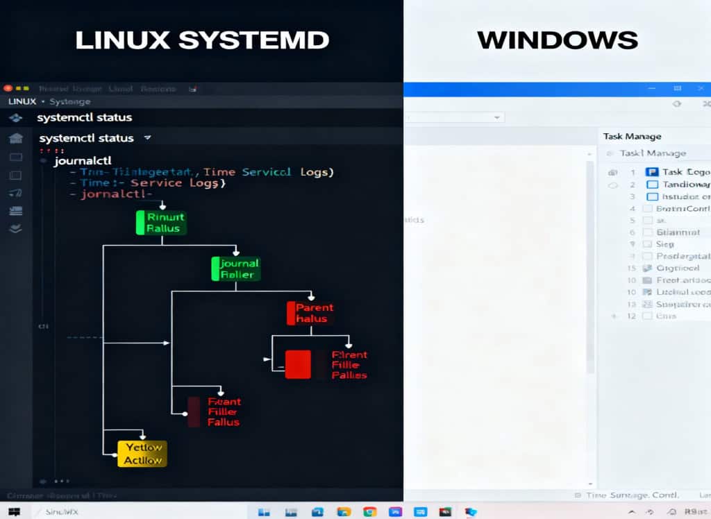Ilustração de visualização do Systemd mostrando controle detalhado de serviços com logs em tempo real versus Gerenciador de Tarefas do Windows com informações limitadas
