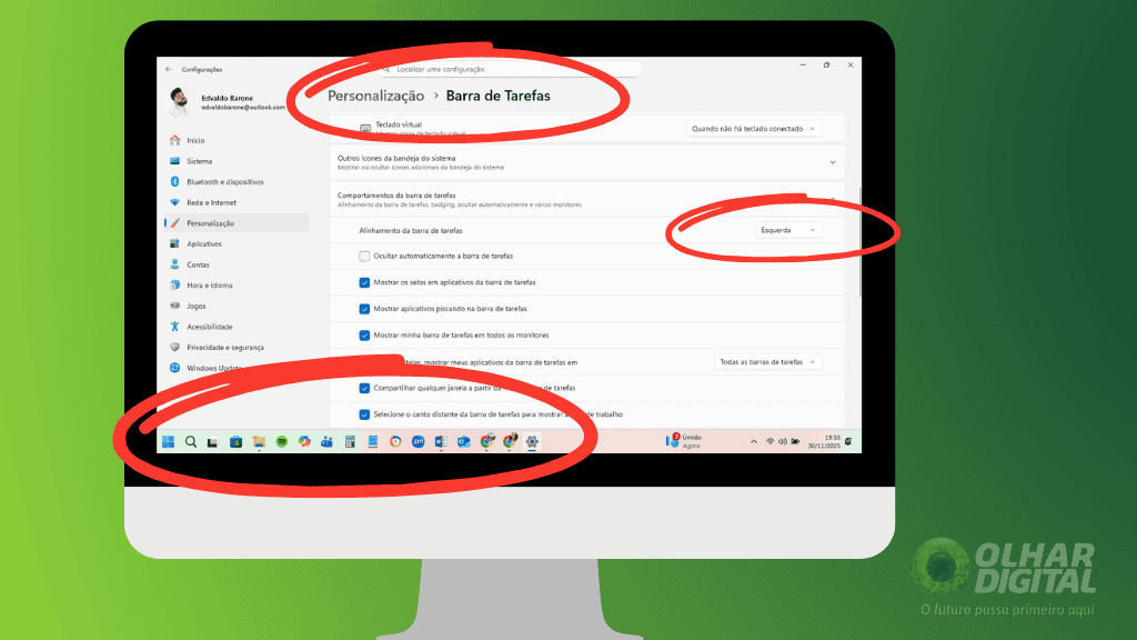 Como mudar o visual do Windows 11 e fazê-lo parecer o Windows 10 O Windows 11 trouxe uma das maiores reformulações visuais já feitas pela Microsoft, apostando em um estilo mais minimalista, arredondado e moderno. Apesar da novidade agradar alguns usuários, ela não é uma unanimidade, afinal, muitos sentem falta da interface tradicional do Windows 10. Computador exibindo as configurações do Windows 11 com a opção de alinhar a barra de tarefas à esquerda destacada, em tutorial para a matéria “Como mudar o visual do Windows 11 e fazê-lo parecer o Windows 10”
