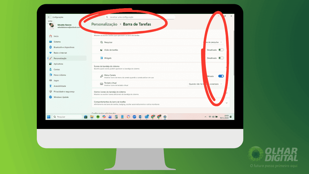 Tela do Windows 11 mostrando as opções de desativar Widgets e Chat dentro das configurações da barra de tarefas, em tutorial para a matéria “Como mudar o visual do Windows 11 e fazê-lo parecer o Windows 10”