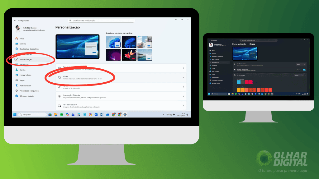 Configurações de personalização do Windows 11 exibindo a área de Cores e a ativação do modo escuro, em tutorial para a matéria “Como mudar o visual do Windows 11 e fazê-lo parecer o Windows 10”