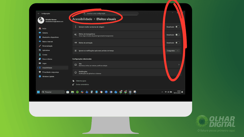 Tela de Acessibilidade do Windows 11 com efeitos de transparência e animação desativados, em tutorial para a matéria “Como mudar o visual do Windows 11 e fazê-lo parecer o Windows 10”