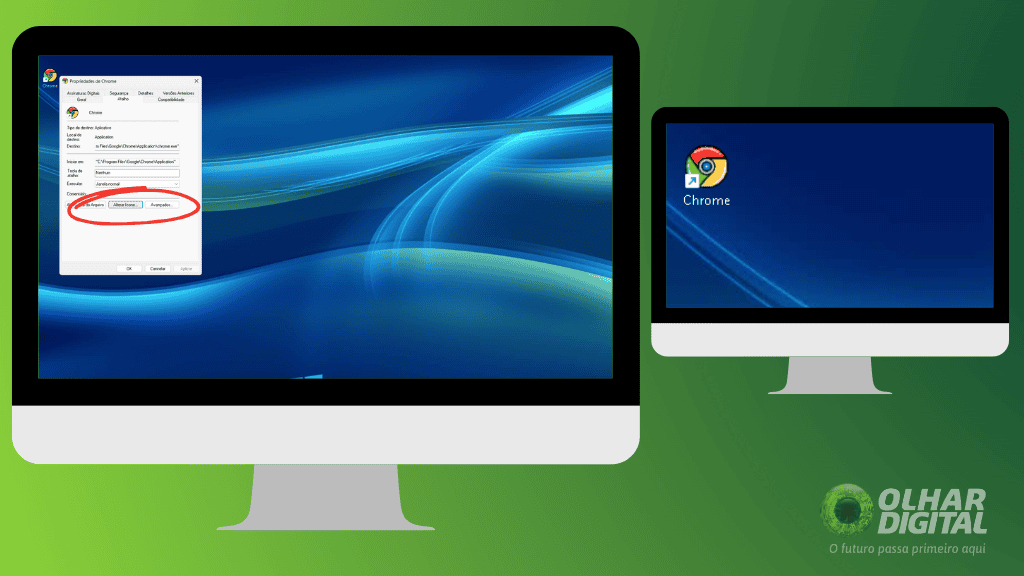 Janela de propriedades de um atalho no Windows 11 mostrando a opção “Alterar ícone” destacada, ao lado de uma área de trabalho com ícone modificado, em tutorial para a matéria “Como mudar o visual do Windows 11 e fazê-lo parecer o Windows 10”