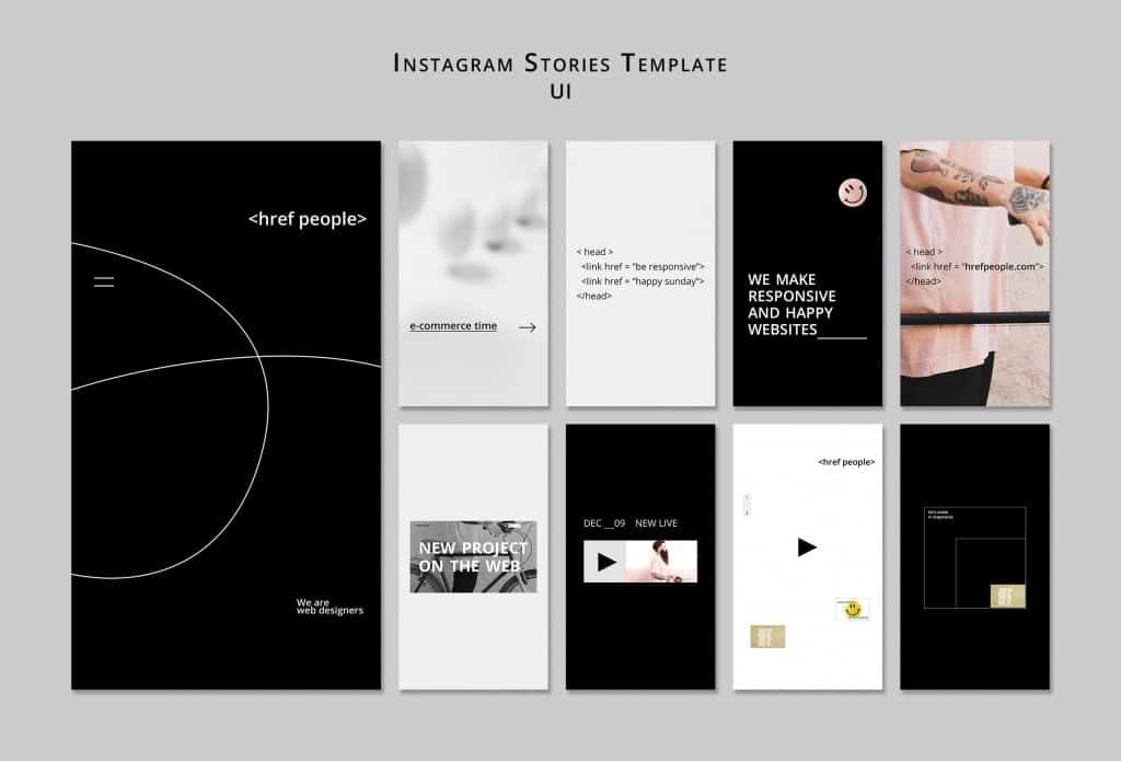 Imagem composta por nove templates verticais de Instagram Stories com estilo minimalista em preto, branco e cinza