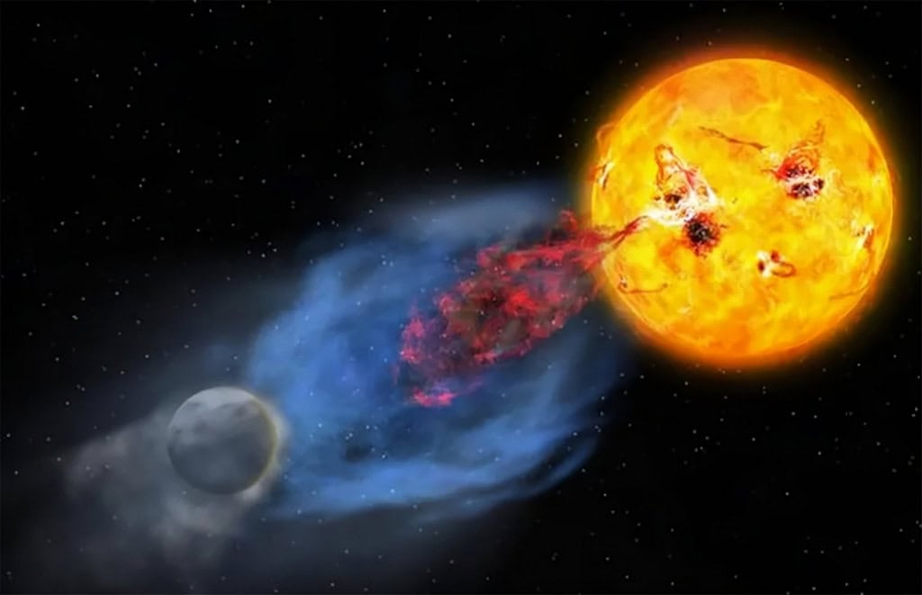 Não é só o Sol: estrela próxima é flagrada lançando jato de plasma para o espaço Um artigo publicado nesta quarta-feira (12) na revista Nature relata a primeira observação de uma estrela relativamente próxima lançando ao espaço um fluxo de plasma conhecido como ejeção de massa coronal (CME), fenômeno semelhante ao liberado pelas explosões que ocorrem no Sol. Não é só o Sol: estrela próxima é flagrada lançando jato de plasma para o espaço