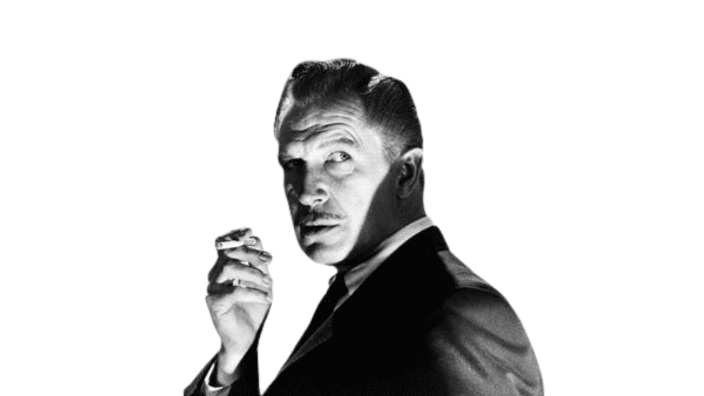 Vincent Price com expressão séria e elegante, segurando um cigarro entre os dedos, em estilo clássico ligado ao tema “atores que mais morreram em filmes e séries”