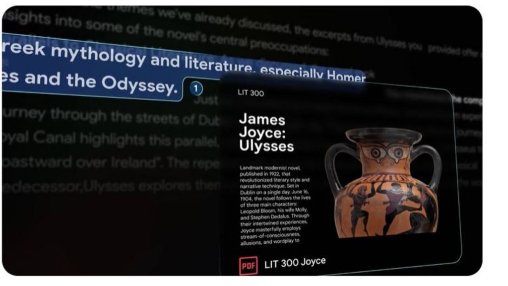 Interface educacional destaca o curso “LIT 300” sobre o romance Ulisses, com foco na mitologia grega. Texto realça a conexão entre James Joyce e Homero, sugerindo paralelos com a Odisseia.