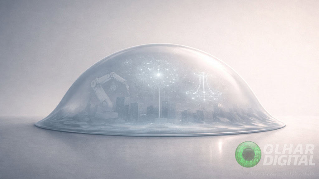 Ilustração de bolha meio murcha com elementos tecnológicos dentro