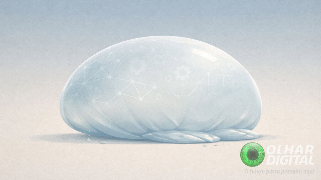 Ilustração de cérebro tecnológico envolto por bolha murchando representando mudanças relacionadas a preocupações sobre bolha no setor de inteligência artificial (IA)