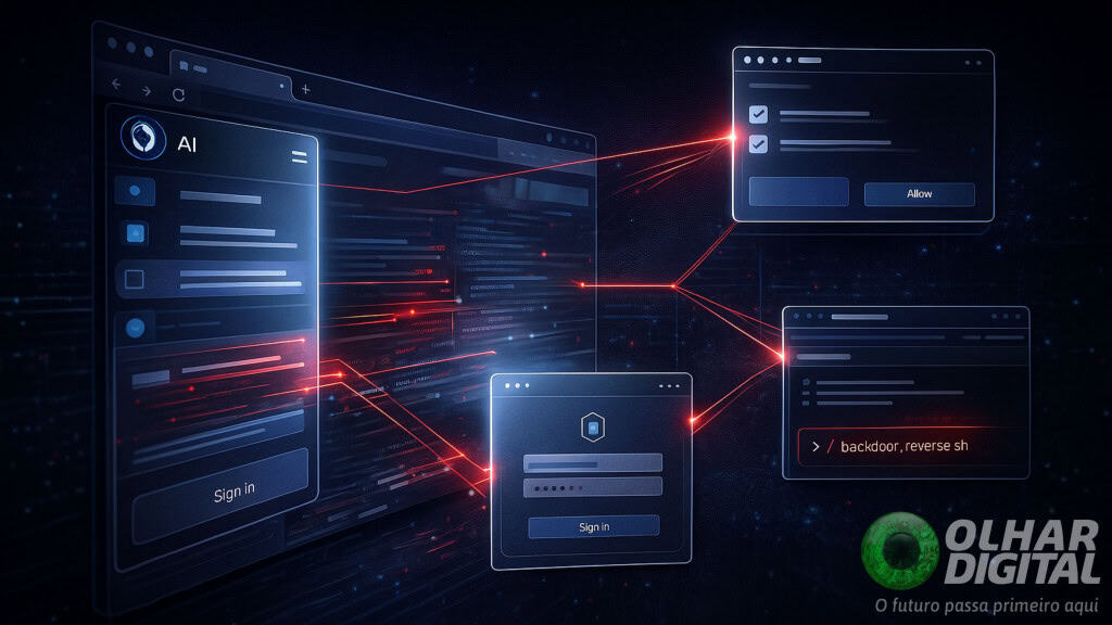 ilustração de janelas em fluxo de golpe da falsificação da barra lateral de navegadores com inteligência artificial (IA)