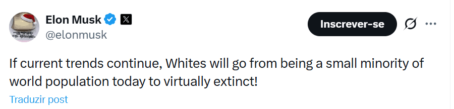 Musk amplia ataques a imigrantes com posts racistas no X Elon Musk passou as últimas 24 horas impulsionando no X — rede social que controla desde 2022 — uma onda de mensagens anti-imigrantes e teorias conspiratórias já associadas à extrema-direita. Musk amplia ataques a imigrantes com posts racistas no X