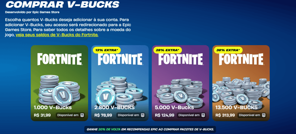 Tela página de compra de V-bucks no site do Fortnite